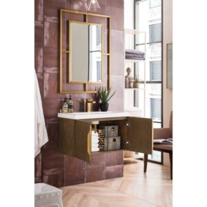 James Martin 388V31.5LTOWG Columbia 31.5 Inch Single Vanity Cabinet in Latte Oak with White Glossy Composite Countertop