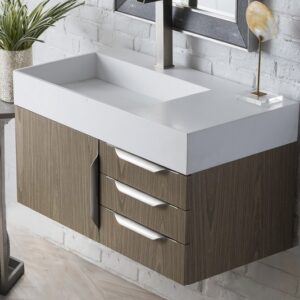 James Martin 389-V36-AGR-A-GW Mercer Island 36 Inch Single Vanity in Ash Gray with Glossy White Solid Surface Top