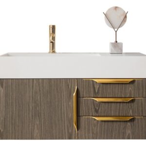 James Martin 389-V36-AGR-G-GW Mercer Island 36 Inch Single Vanity in Ash Gray, Radiant Gold with Glossy White Solid Surface Top