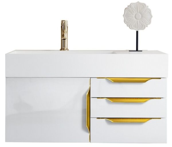 James Martin 389-V36-GW-G-GW Mercer Island 36 Inch Single Vanity in Glossy White, Radiant Gold with Glossy White Solid Surface Top