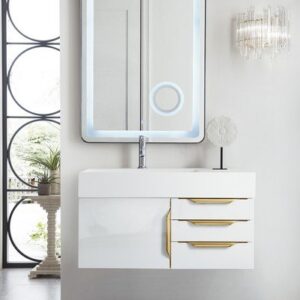 James Martin 389-V36-GW-G Mercer Island 36 Inch Single Vanity in Glossy White, Radiant Gold