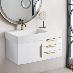 James Martin 389-V36-GW-G-GW Mercer Island 36 Inch Single Vanity in Glossy White, Radiant Gold with Glossy White Solid Surface Top