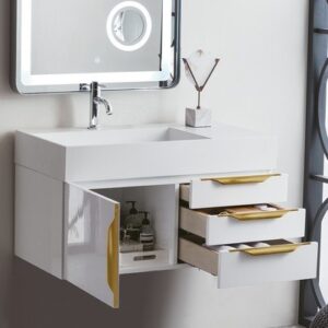 James Martin 389-V36-GW-G-GW Mercer Island 36 Inch Single Vanity in Glossy White, Radiant Gold with Glossy White Solid Surface Top