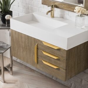 James Martin 389-V36-LTO-G-GW Mercer Island 36 Inch Single Vanity in Latte Oak, Radiant Gold with Glossy White Solid Surface Top