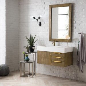 James Martin 389-V36-LTO-G-GW Mercer Island 36 Inch Single Vanity in Latte Oak, Radiant Gold with Glossy White Solid Surface Top