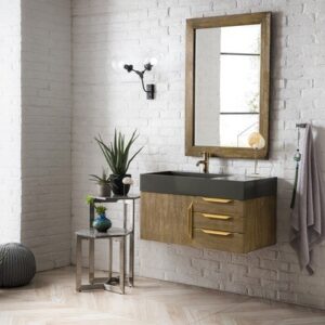 James Martin 389-V36-LTO-G-GW Mercer Island 36 Inch Single Vanity in Latte Oak, Radiant Gold with Glossy White Solid Surface Top