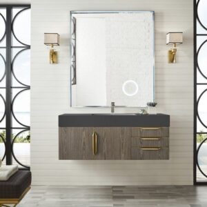 James Martin 389-V48-AGR-G-GW Mercer Island 48 Inch Single Vanity in Ash Gray, Radiant Gold with Glossy White Solid Surface Top