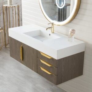 James Martin 389-V48-AGR-G-DGG Mercer Island 48 Inch Single Vanity in Ash Gray, Radiant Gold with Glossy Dark Gray Solid Surface Top