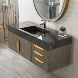 James Martin 389-V48-AGR-G-DGG Mercer Island 48 Inch Single Vanity in Ash Gray, Radiant Gold with Glossy Dark Gray Solid Surface Top