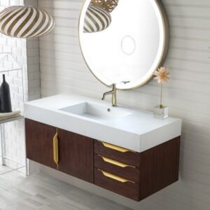 James Martin 389-V48-CFO-G-DGG Mercer Island 48 Inch Single Vanity in Coffee Oak, Radiant Gold with Glossy Dark Gray Solid Surface Top