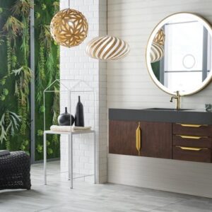 James Martin 389-V48-CFO-G-GW Mercer Island 48 Inch Single Vanity in Coffee Oak, Radiant Gold with Glossy White Solid Surface Top