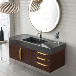 James Martin 389-V48-CFO-G-DGG Mercer Island 48 Inch Single Vanity in Coffee Oak, Radiant Gold with Glossy Dark Gray Solid Surface Top