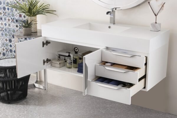 James Martin 389-V48-GW-A-GW Mercer Island 48 Inch Single Vanity in Glossy White with Glossy White Solid Surface Top