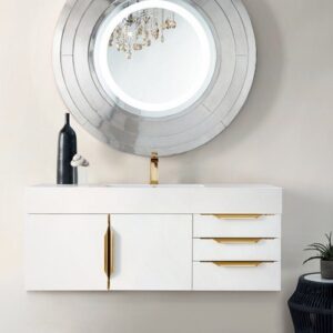 James Martin 389-V48-GW-G-GW Mercer Island 48 Inch Single Vanity in Glossy White, Radiant Gold with Glossy White Solid Surface Top