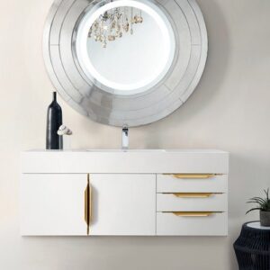 James Martin 389-V48-GW-G-DGG Mercer Island 48 Inch Single Vanity in Glossy White, Radiant Gold with Glossy Dark Gray Solid Surface Top