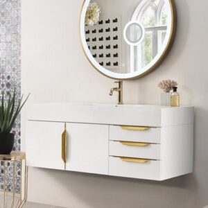 James Martin 389-V48-GW-G-GW Mercer Island 48 Inch Single Vanity in Glossy White, Radiant Gold with Glossy White Solid Surface Top