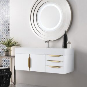 James Martin 389-V48-GW-G-DGG Mercer Island 48 Inch Single Vanity in Glossy White, Radiant Gold with Glossy Dark Gray Solid Surface Top