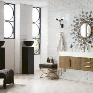 James Martin 389-V48-LTO-G-GW Mercer Island 48 Inch Single Vanity in Latte Oak, Radiant Gold with Glossy White Solid Surface Top