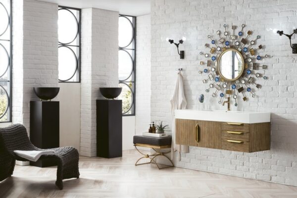 James Martin 389-V48-LTO-G-GW Mercer Island 48 Inch Single Vanity in Latte Oak, Radiant Gold with Glossy White Solid Surface Top