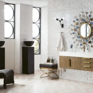 James Martin 389-V48-LTO-G-GW Mercer Island 48 Inch Single Vanity in Latte Oak, Radiant Gold with Glossy White Solid Surface Top