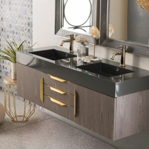 James Martin 389-V59D-AGR-G-DGG Mercer Island 59 Inch Double Vanity in Ash Gray, Radiant Gold with Glossy Dark Gray Solid Surface Top