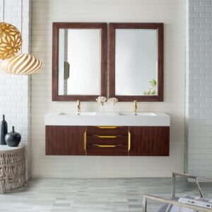 James Martin 389-V59D-CFO-G-GW Mercer Island 59 Inch Double Vanity in Coffee Oak, Radiant Gold with Glossy White Solid Surface Top