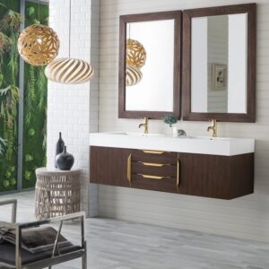 James Martin 389-V59D-CFO-G-GW Mercer Island 59 Inch Double Vanity in Coffee Oak, Radiant Gold with Glossy White Solid Surface Top