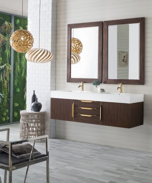 James Martin 389-V59D-CFO-G-GW Mercer Island 59 Inch Double Vanity in Coffee Oak, Radiant Gold with Glossy White Solid Surface Top