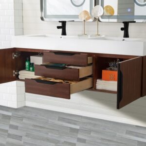 James Martin 389-V59D-CFO-MB-GW Mercer Island 59 Inch Double Vanity Cabinet with Glossy White Composite Top - Coffee Oak