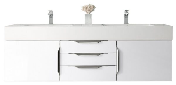 James Martin 389-V59D-GW-A-GW Mercer Island 59 Inch Double Vanity in Glossy White with Glossy White Solid Surface Top