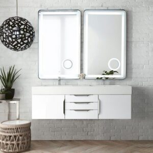 James Martin 389-V59D-GW-A-GW Mercer Island 59 Inch Double Vanity in Glossy White with Glossy White Solid Surface Top