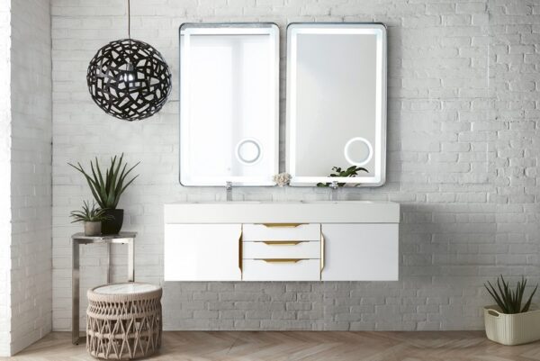 James Martin 389-V59D-GW-G-GW Mercer Island 59 Inch Double Vanity in Glossy White, Radiant Gold with Glossy White Solid Surface Top