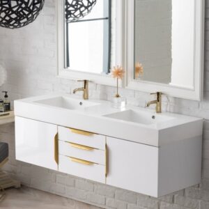 James Martin 389-V59D-GW-G-GW Mercer Island 59 Inch Double Vanity in Glossy White, Radiant Gold with Glossy White Solid Surface Top