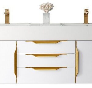 James Martin 389-V59D-GW-G-GW Mercer Island 59 Inch Double Vanity in Glossy White, Radiant Gold with Glossy White Solid Surface Top