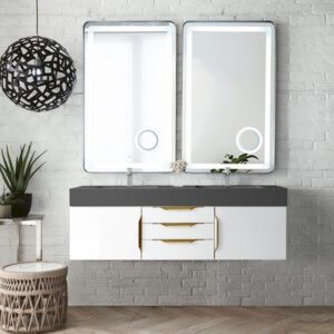 James Martin 389-V59D-GW-G-DGG Mercer Island 59 Inch Double Vanity in Glossy White, Radiant Gold with Glossy Dark Gray Solid Surface Top