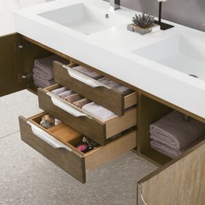 James Martin 389-V59D-LTO-A-GW Mercer Island 59 Inch Double Vanity in Latte Oak with Glossy White Solid Surface Top