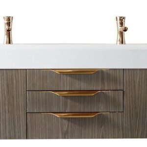 James Martin 389-V72D-AGR-G-GW Mercer Island 72 Inch Double Vanity in Ash Gray, Radiant Gold with Glossy White Solid Surface Top