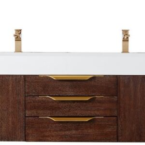 James Martin 389-V72D-CFO-G-GW Mercer Island 72 Inch Double Vanity in Coffee Oak, Radiant Gold with Glossy White Solid Surface Top