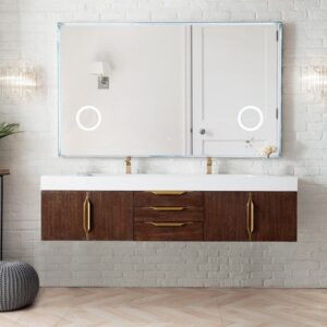 James Martin 389-V72D-CFO-G-GW Mercer Island 72 Inch Double Vanity in Coffee Oak, Radiant Gold with Glossy White Solid Surface Top