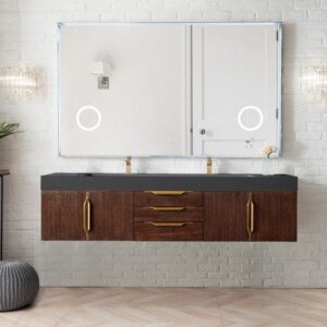 James Martin 389-V72D-CFO-G-GW Mercer Island 72 Inch Double Vanity in Coffee Oak, Radiant Gold with Glossy White Solid Surface Top