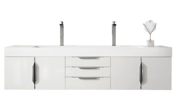 James Martin 389-V72D-GW-A-GW Mercer Island 72 Inch Double Vanity in Glossy White with Glossy White Solid Surface Top