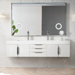 James Martin 389-V72D-GW-A-GW Mercer Island 72 Inch Double Vanity in Glossy White with Glossy White Solid Surface Top