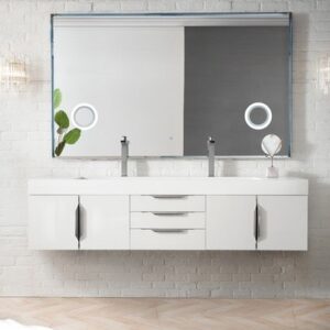 James Martin 389-V72D-GW-A-GW Mercer Island 72 Inch Double Vanity in Glossy White with Glossy White Solid Surface Top