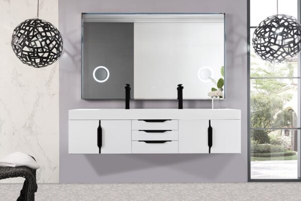 James Martin 389-V72D-GW-MB-GW Mercer Island 72 1/2 Inch Double Vanity Cabinet with Glossy White Composite Top - Glossy White