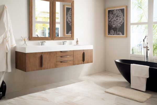 James Martin 389-V72D-LTO-A-GW Mercer Island 72 Inch Double Vanity in Latte Oak with Glossy White Solid Surface Top