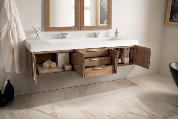 James Martin 389-V72D-LTO-A-GW Mercer Island 72 Inch Double Vanity in Latte Oak with Glossy White Solid Surface Top