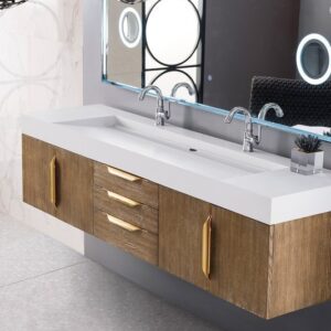 James Martin 389-V72D-LTO-G-GW Mercer Island 72 Inch Double Vanity in Latte Oak, Radiant Gold with Glossy White Solid Surface Top