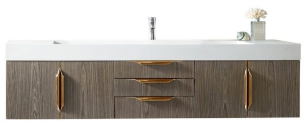 James Martin 389-V72S-AGR-G-GW Mercer Island 72 Inch Single Vanity in Ash Gray, Radiant Gold with Glossy White Solid Surface Top