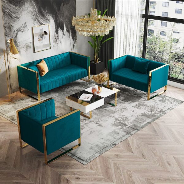 Manhattan Comfort Trillium 3-Piece Teal and Gold Sofa and Armchair Set