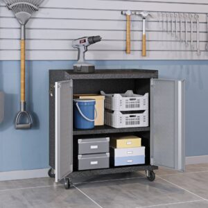 Manhattan Comfort Fortress Textured Metal 31.5" Garage Mobile Cabinet with 2 Adjustable Shelves in Grey